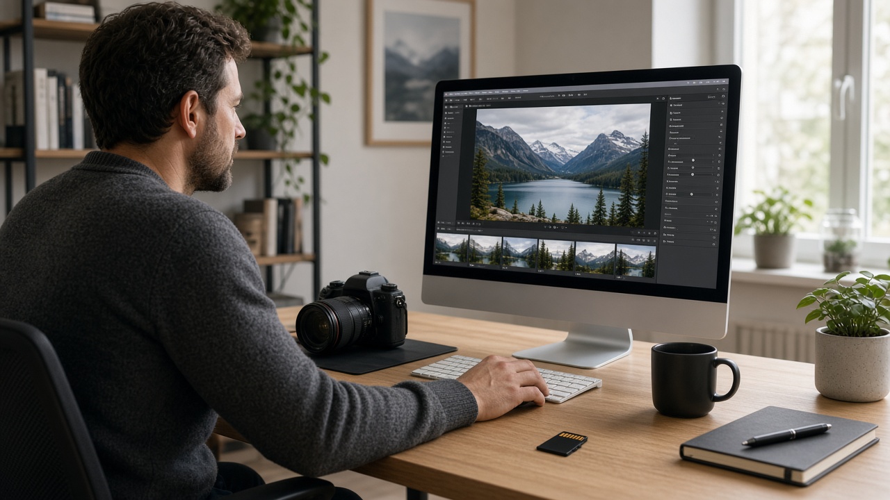 Camera and desktop computer used for resizing and converting photos locally