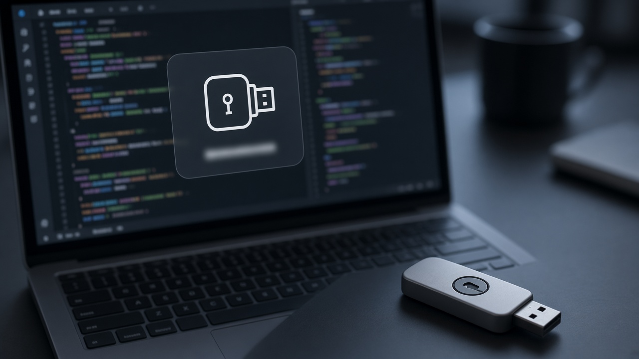 Laptop and hardware security key on a desk used while inspecting authentication tokens locally