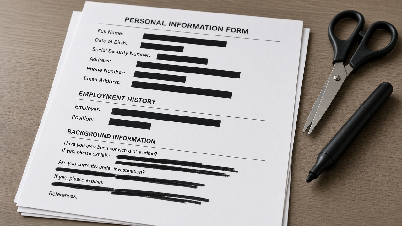 Printed forms with redacted personal information prepared before sharing documents
