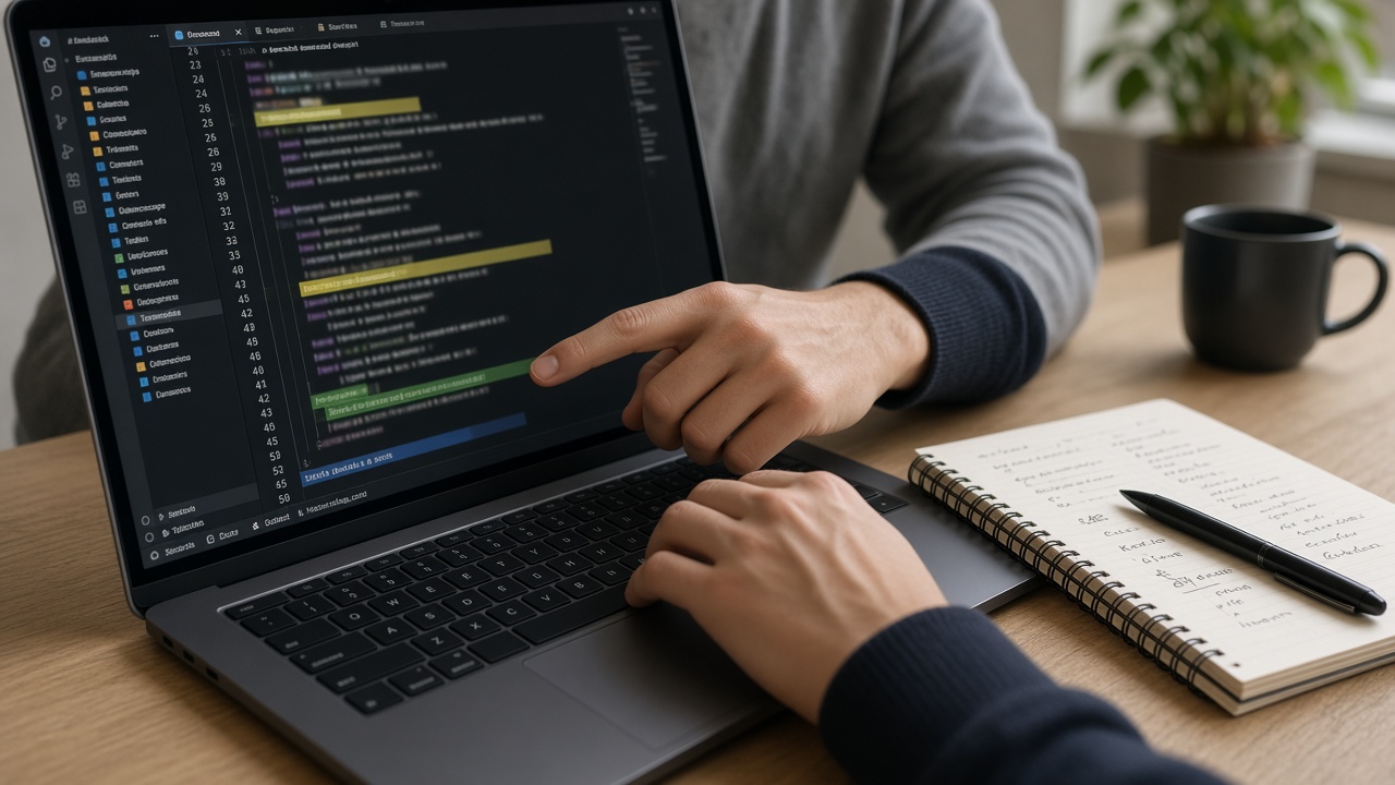 Developer testing text patterns on a laptop with handwritten notes nearby